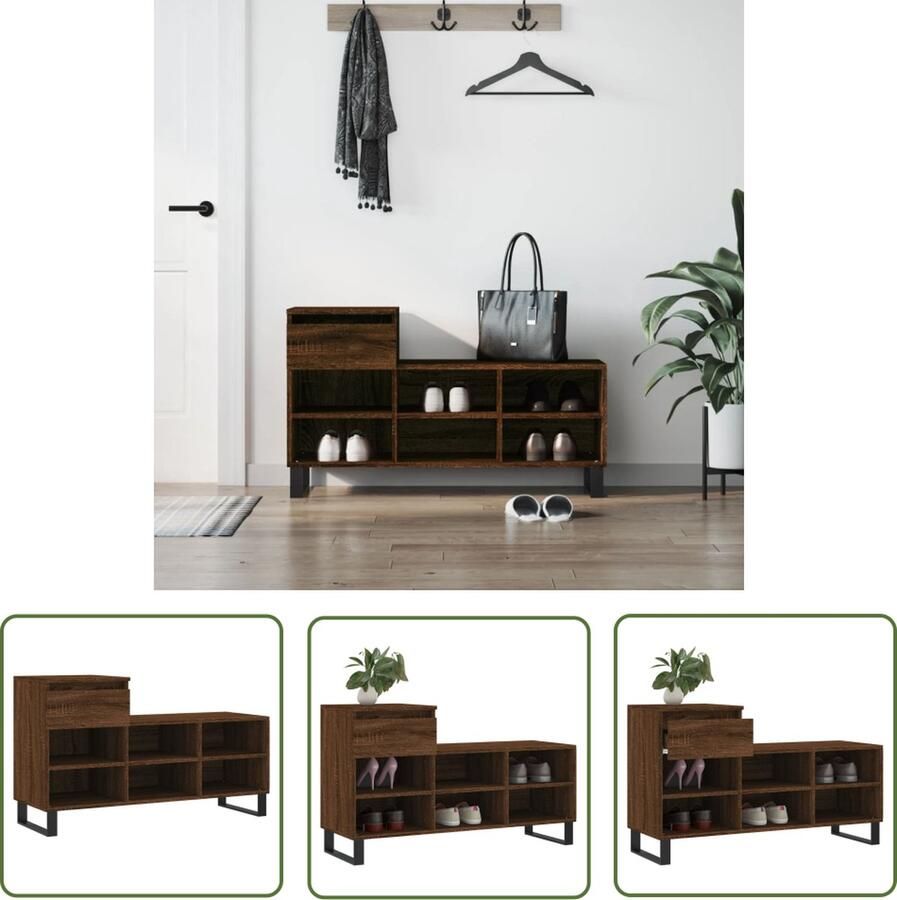 The Living Store Schoenenkast Bruineiken 102 x 36 x 60 cm Duurzaam bewerkt hout met metalen poten Schoenenkast Schoenuitlegger Bergruimte Kastje Houten Kast