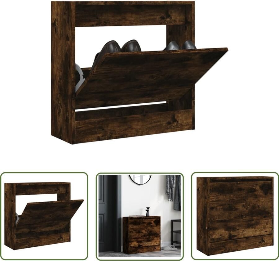 The Living Store Schoenenkast 60x21x57 cm bewerkt hout gerookt eikenkleurig Schoenenrek Schoenenrekken Opbergrek Voor Schoenen Schoenenstellage