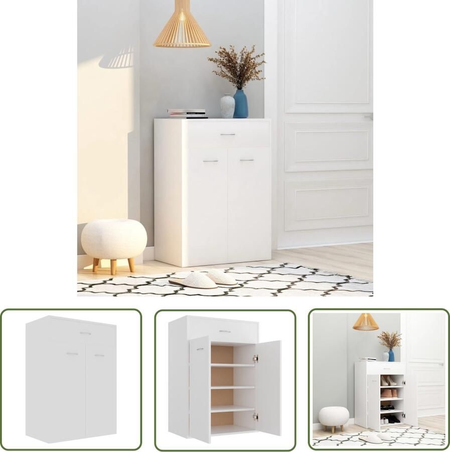The Living Store Schoenenkast 60x35x84 cm bewerkt hout wit Schoenenkast Schoenuitlegger Houten Schoenenkast Witte Schoenenkast Bergruimte - Foto 2