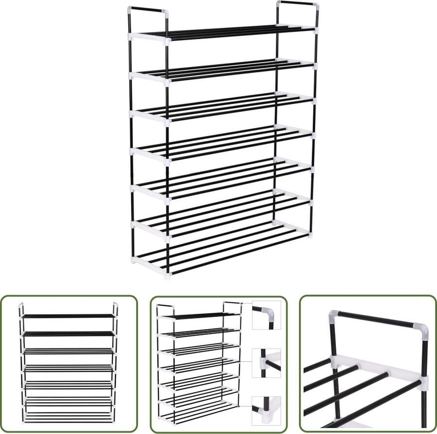 The Living Store Schoenenrek met 7 schappen metaal en kunststof zwart Schoenenrek Schoenuitlegger Schoenenkast Bergruimte Organisatie - Foto 2