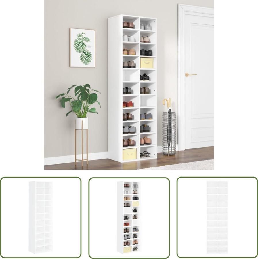 The Living Store Schoenenrek 54 x 34 x 183 cm Wit Bewerkt hout Schoenenrek Schoenuitlegger Houten Schoenenkast Wit Schoenenkast Bergruimte Schoenen - Foto 2
