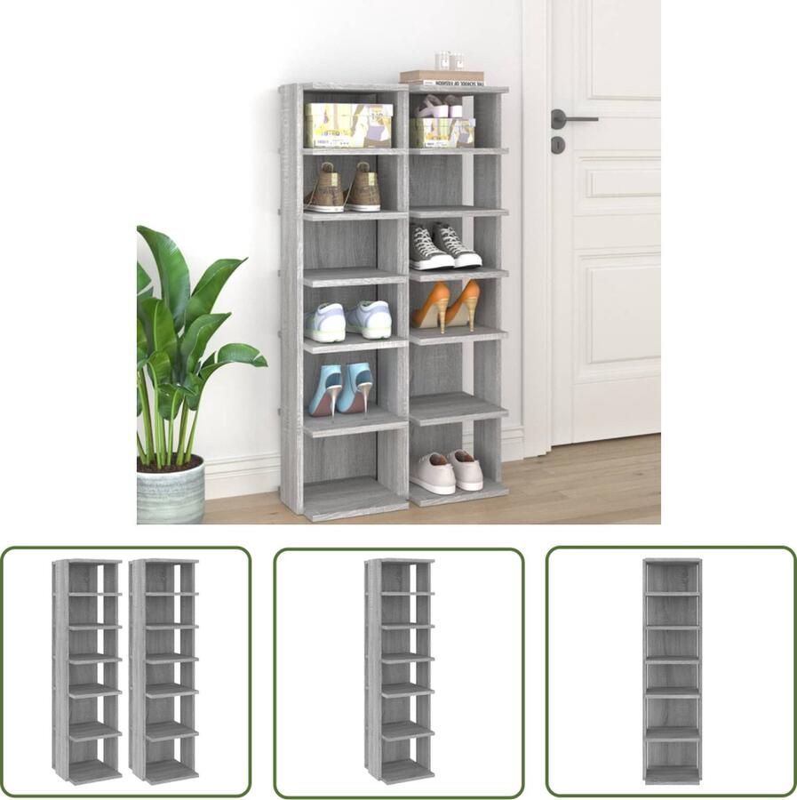 The Living Store Schoenenrek Praktisch Opbergmeubel voor 12 paar 27.5 x 27 x 102 cm Grijs Sonoma Eiken Bewerkt Hout Schoenenrek Schoenuitschuifsysteem Houten Schoenenkast Bergruimte Schoenen Opbergplank Schoenen - Foto 2