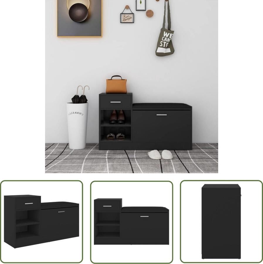 The Living Store Schoenenkast Modern 94.5x31x57 cm Zwart Spaanplaat Schoenenkast Schoenuwen Bank Benk Meubilair Entree - Foto 2