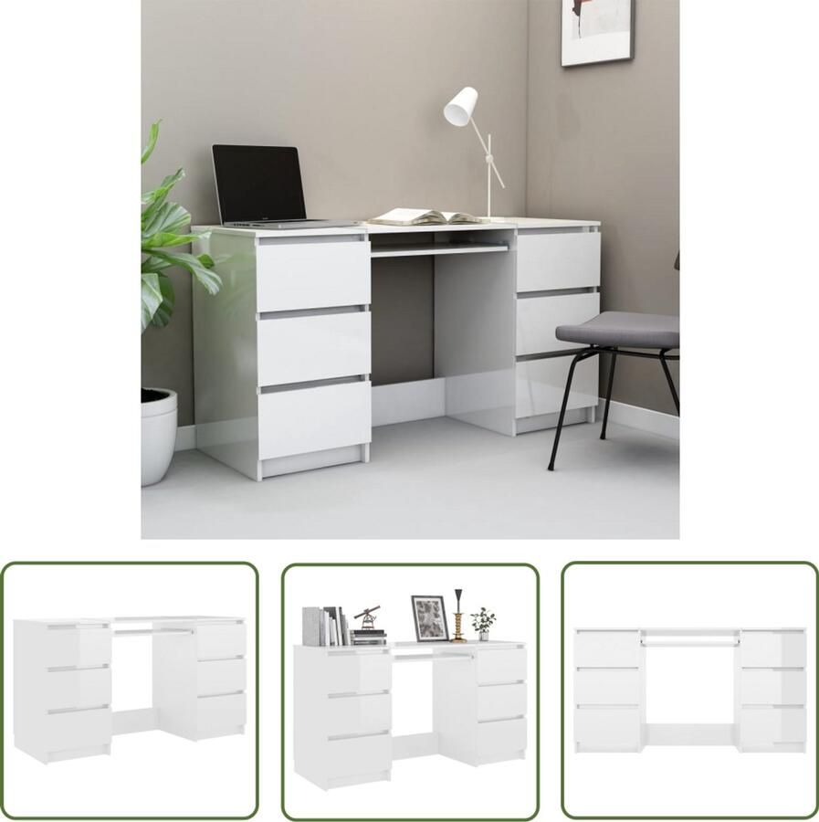 VidaXL Schrijftafel Hoogglans Wit 140x50x77 cm Schreibtafel Bureau Schrijfblad Houten Bureau Witte Bureau