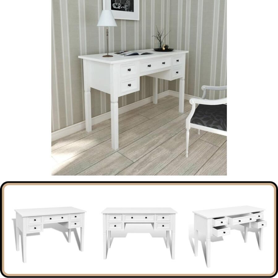 VidaXL Schrijftafel met 5 lades Wit MDF & Grenen Schrijftafel Bureau Houten Bureau Wit Bureau Bureaublad Laptopstandaard Thuiswerkplek Studietafel Boekenkast