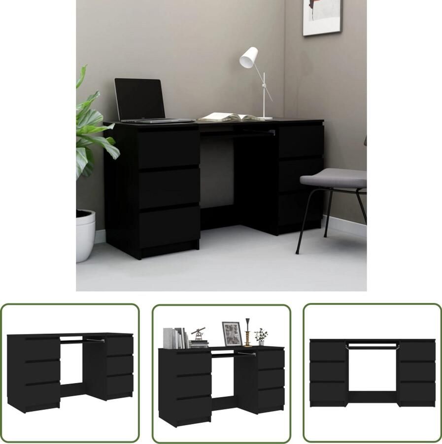 VidaXL Schrijftafel Zwart 140x50x77 cm 6 Lades Schreibtafel Computerbureau Bureaublad Houten Bureau Zwarte Tafel Kantooraccessoires Thuiskantoor Studietafeltje Opslagoplossing Werkplek - Foto 2