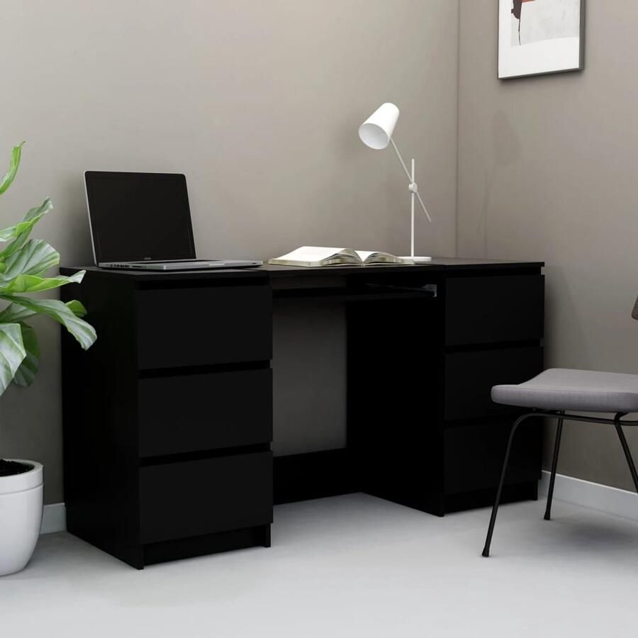 VidaXL Schrijftafel Zwart 140x50x77 cm 6 Lades Schreibtafel Computerbureau Bureaublad Houten Bureau Zwarte Tafel Kantooraccessoires Thuiskantoor Studietafeltje Opslagoplossing Werkplek