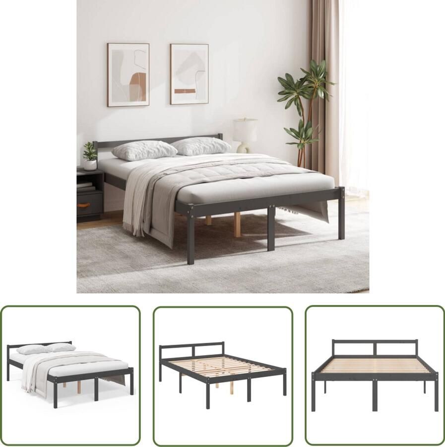 VidaXL Seniorenbed 135x190 cm Massief Grenenhout Dubbel Bed Bedframe Grenenhout Bed Grijs Bed Seniors Bed Boxspring Bed