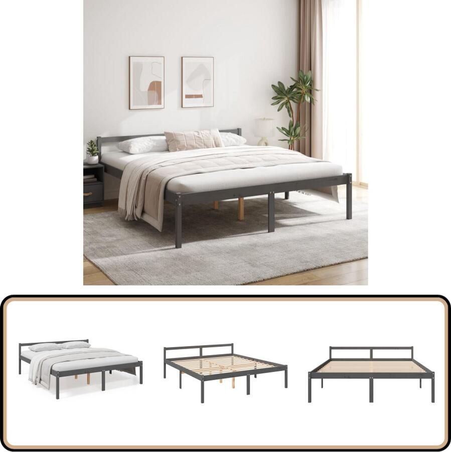 VidaXL Seniorenbed 200x200 cm massief grenenhout Modern Bedframe Houten Bed Seniors Bed Voor Ouderen Grenenhouten Bed Grijs Bed Tweepersoonsbed Boxspring Bed
