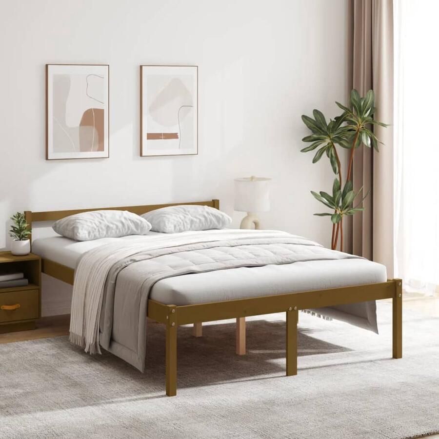 VidaXL Seniorenbed Grenenhout 135x190 cm Honingbruin Houten Bedframe Dubbele Bed Grenenhout Bed Slaapkamer Meubels Vintage Bed Modern Bed Seniors Bed Boxspring Bed Bedstede