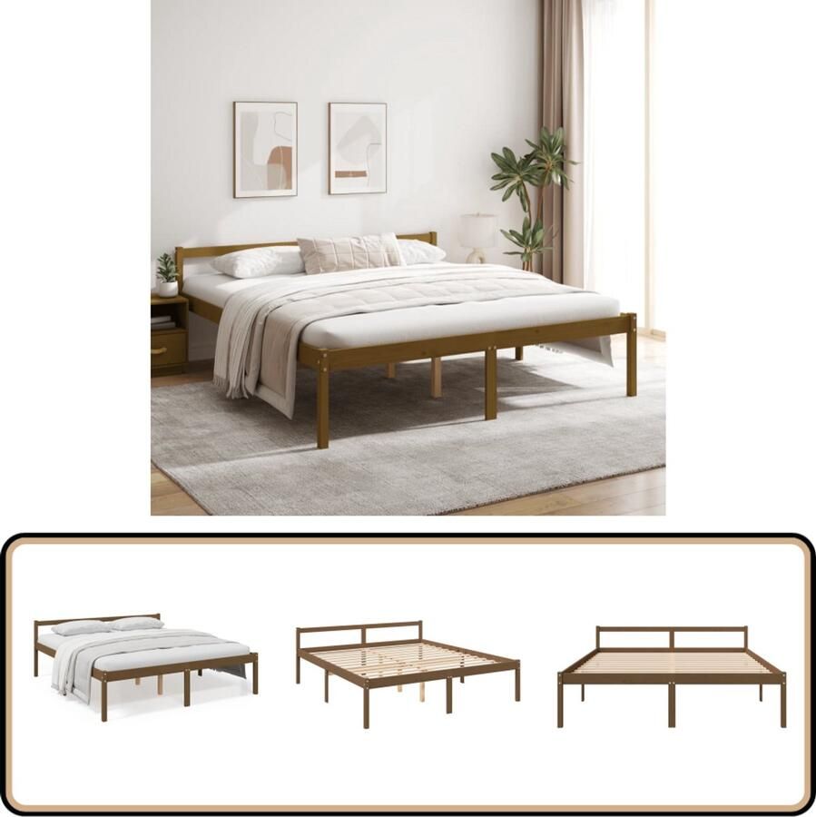 VidaXL Seniorenbed Grenenhout 200x200 cm Honingbruin Houten Bedframe Bed Voor Senioren Stapelbed Tweepersoonsbed Honigbruin Bed Groot Bed Modern Bed Met Opbergruimte