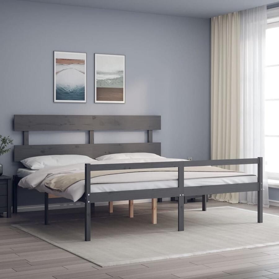 VidaXL Seniorenbed Grijs Massief Hout 200x200 cm Seniorenbed Bedframe Grenenhout Bed Hout Bed Tweepersoonsbed Boxspring Bed Grijs Bed Stapelbare Bedden