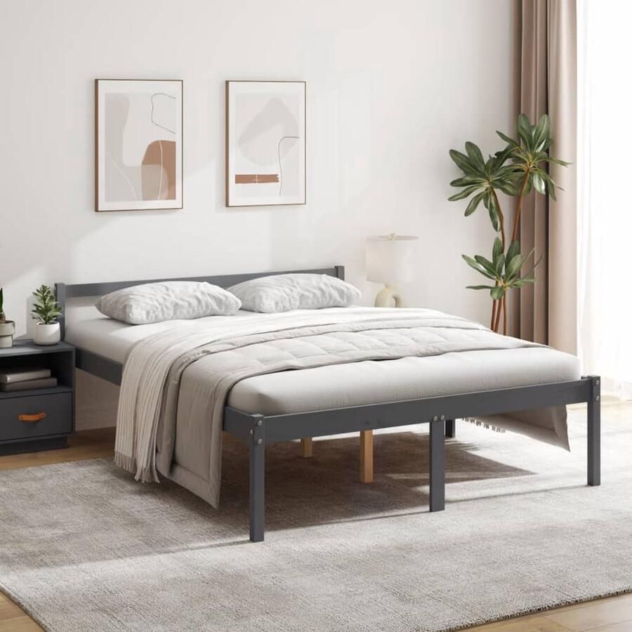 VidaXL Seniorenbed Massief Grenenhout 150x200 cm Modern Bedframe Houten Bed Tweepersoons Bed Grijze Bed Slaapkamer Meubilair Senior Bed Hoogstaand Bed Met Opbergruimte - Foto 2