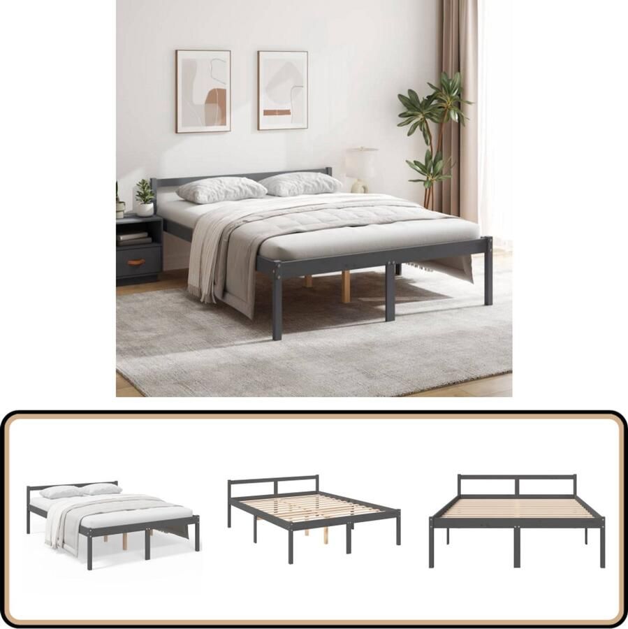 VidaXL Seniorenbed Massief Grenenhout 150x200 cm Modern Bedframe Houten Bed Tweepersoons Bed Grijze Bed Slaapkamer Meubilair Senior Bed Hoogstaand Bed Met Opbergruimte