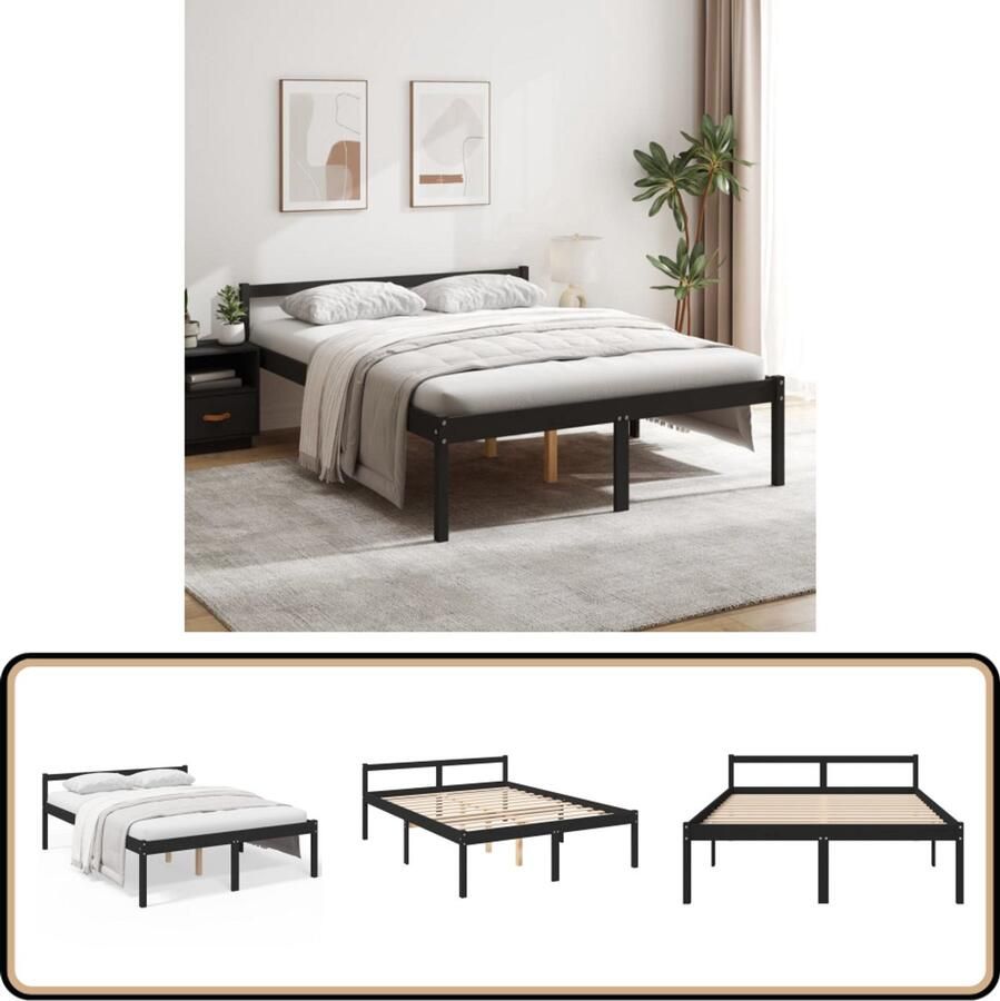 VidaXL Seniorenbed Massief Grenenhout 150x200cm Houten Bedframe Zweepslaapkamer Seniors Bed Hoogwaardige Materialen Grenenhout Zwarte Kleur Tweepersoons Bed Stapelbare Boxspring