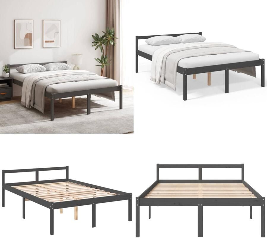VidaXL Bedframe massief grenenhout grijs 135x190 cm 4FT6 double Bedframe Bedframes Seniorenbed Bed