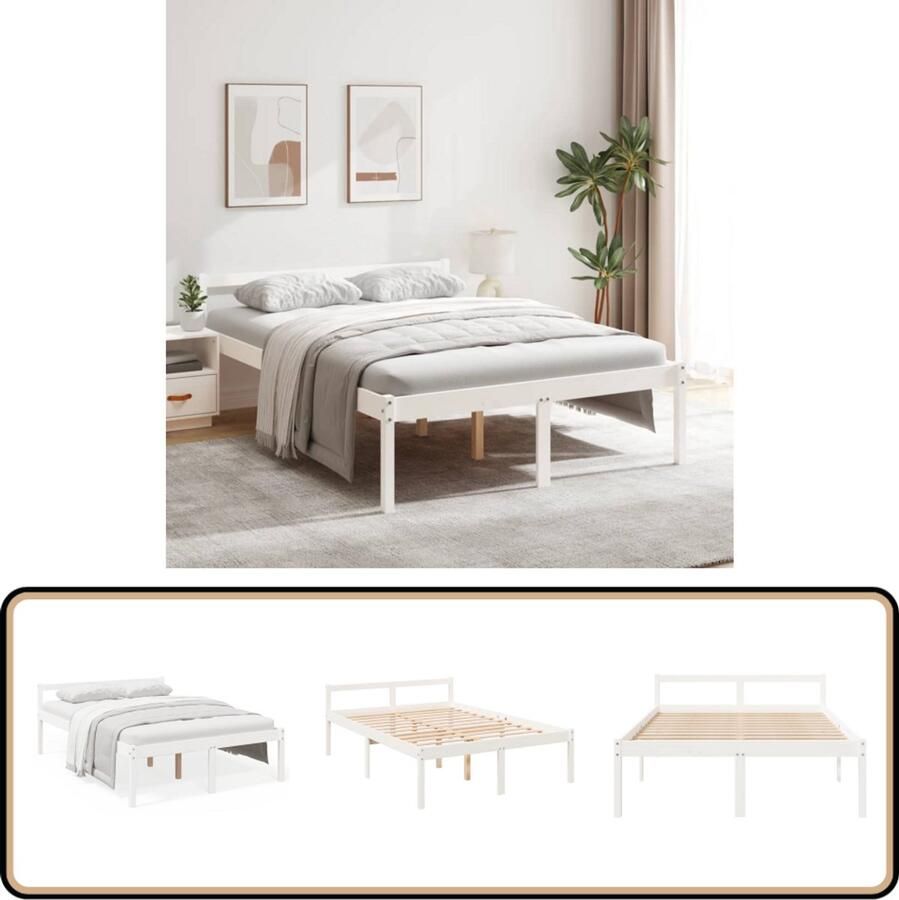 VidaXL Seniorenbed Massief Grenenhout Wit 135x190 cm Bedframe Houten Bed Grenenhout Bed Seniors Bed Tweepersoonsbed Bed 135x190 Witte Bed