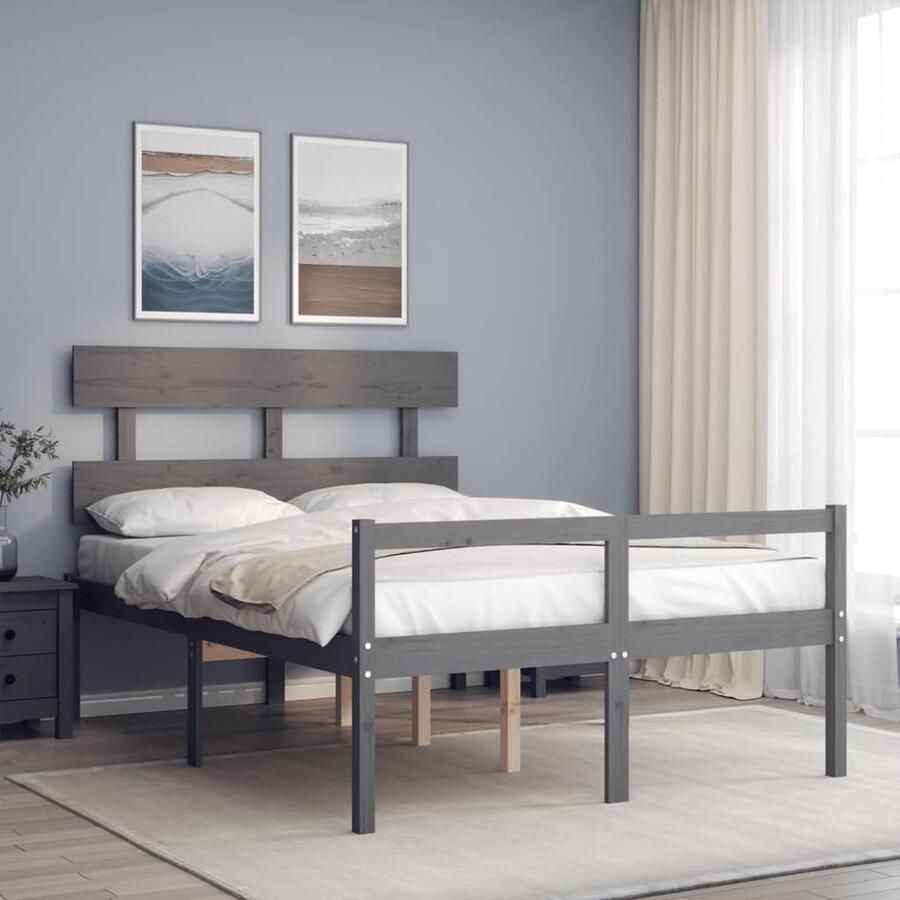 VidaXL Seniorenbed massief hout grijs 135x190 cm Massief Hout Bed Grenenhouten Bed Seniors Bed Boxspring Bed Tweepersoons Bed Slaapcomfort Bedroom Furniture Meubels - Foto 2