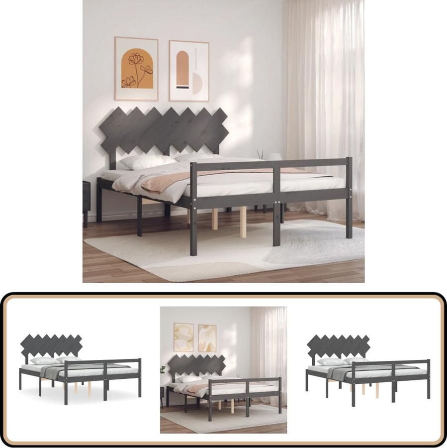 VidaXL Seniorenbed Massief Hout Grijs 150x200 cm Massief Hout Bed Grenenhout Bed Seniors Bed Boxspring Bed Tweepersoons Bed King Size Bed Stapelbare Bedden Bed Met Lade