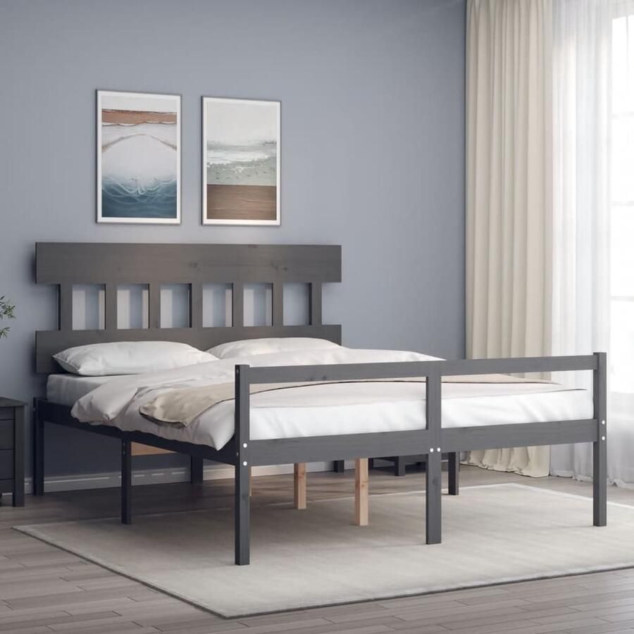 VidaXL Seniorenbed massief hout met hoofdbord grijs Massief Hout Bed Senioren Bed Grenenhout Bed Frame Tweepersoons Bed King Size Bed Stapelbare Boxspring - Foto 2