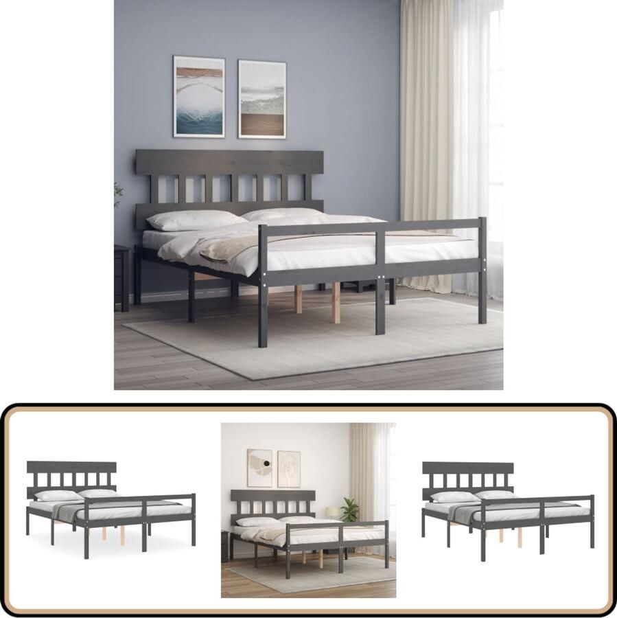 VidaXL Seniorenbed massief hout met hoofdbord grijs Massief Hout Bed Senioren Bed Grenenhout Bed Frame Tweepersoons Bed King Size Bed Stapelbare Boxspring