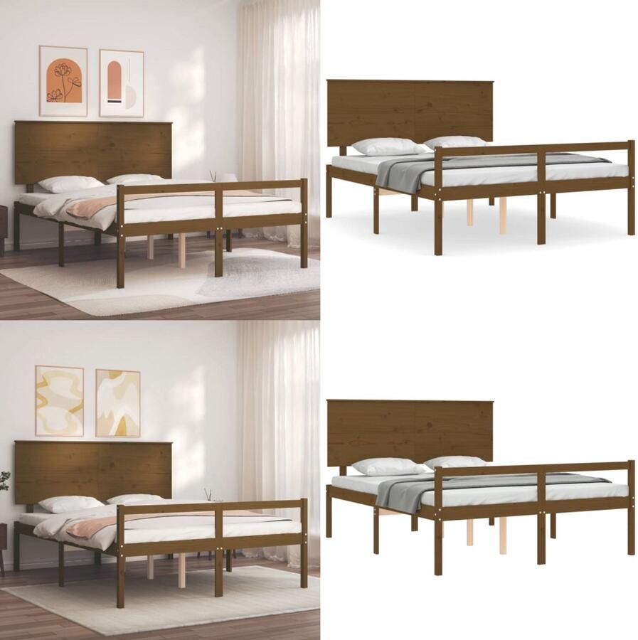 VidaXL Seniorenbed met hoofdbord massief hout honingbruin Seniorenbed Seniorenbedden Senioren Bed Bedframe