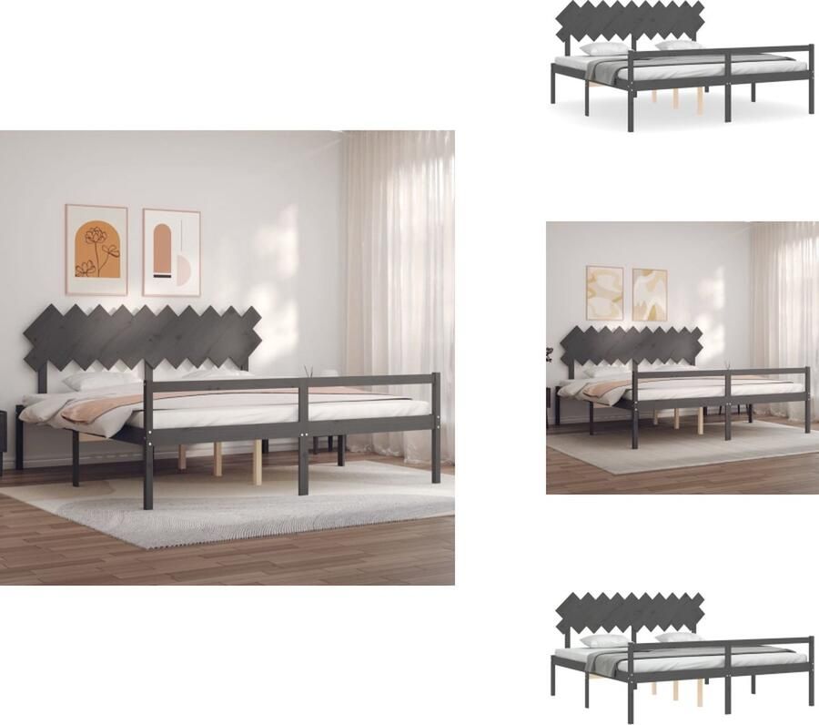 VidaXL Massief Grenenhouten Bedframe Grijs 205.5 x 205.5 x 81 cm Multiplex Lattenbodem Functioneel hoofd- en voeteneinde Montage vereist Bed - Foto 2