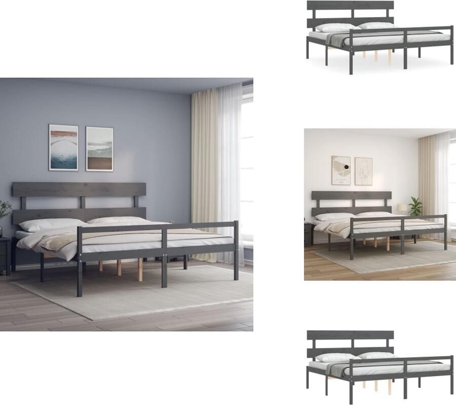 VidaXL Massief Grenenhouten Bedframe Grijs 205.5 x 205.5 x 81 cm Multiplex Lattenbodem Functioneel hoofd- en voeteneinde Montage vereist Bed