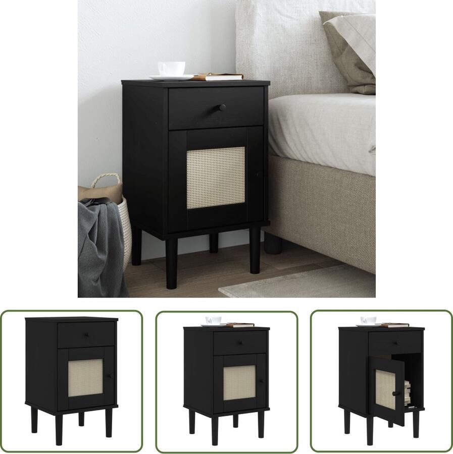 The Living Store SENJA Nachtkastje Hout 40 x 35 x 65 cm Rattan Frontje Met Lade en Deur Zwart Nachtkastje Senja Nachttafel Kamerdecoratie Slaapkamerinrichting