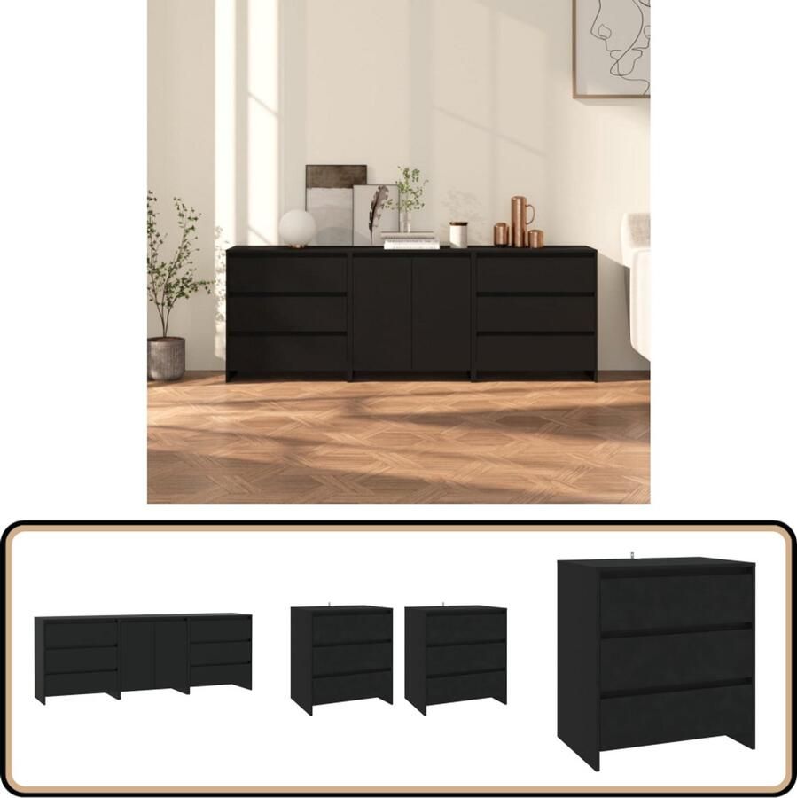 VidaXL Set van 3 Dressoirs Bewerkt Hout Zwart Opbergkast Kastje Buffetkast Side Table Salontafel