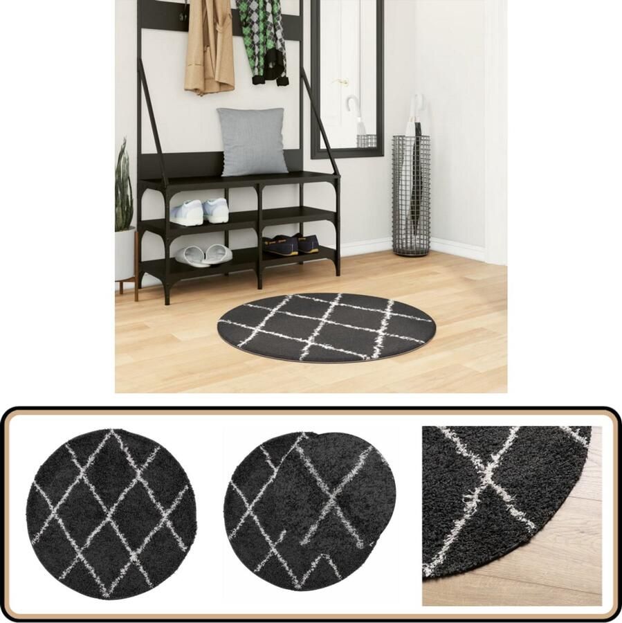 The Living Store Shaggy Vloerkleed 80cm zwart en crème Duurzaam polypropeen Shaggy Vloerkleed Polypropyleen Vloerkleed Zwarte Vloerkleed Creme Vloerkleed Rond Vloerkleed