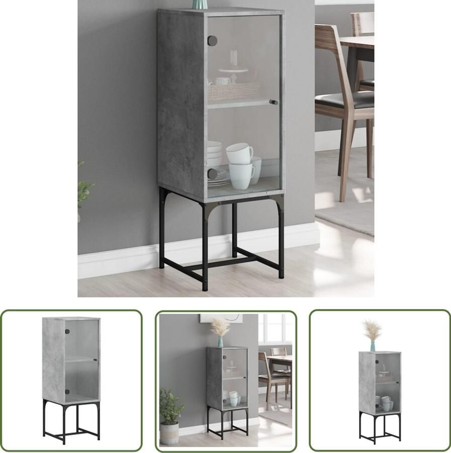 The Living Store Bijzetkast met glazen deur 35x37x100 cm betongrijs Klassieke Dressoir Houten Dressoir Bijzettafel Opbergkast Tv Stand