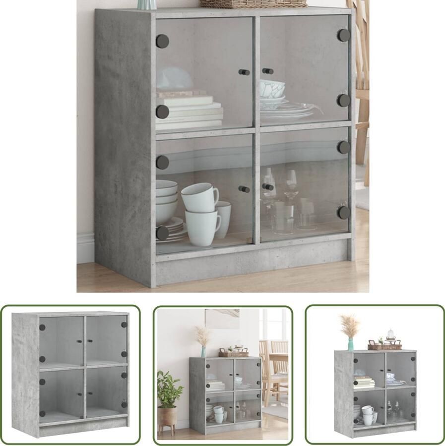 The Living Store Bijzetkast met glazen deuren 68x37x75 5 cm betongrijs Klassieke Dressoir Houten Dressoir Grijze Dressoir Opbergkast Tv-meubel