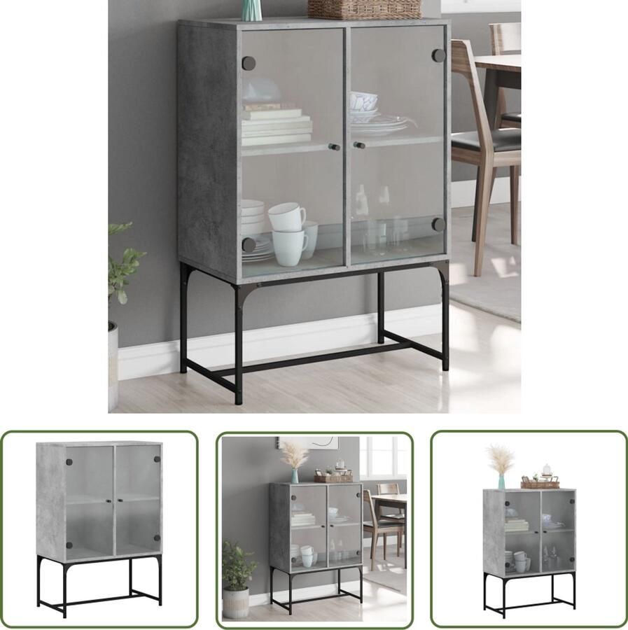 The Living Store Bijzetkast met glazen deuren 69x37x100 cm betongrijs Dressoir Bijzettafel Opbergkast Houten Dressoir Grijze Dressoir