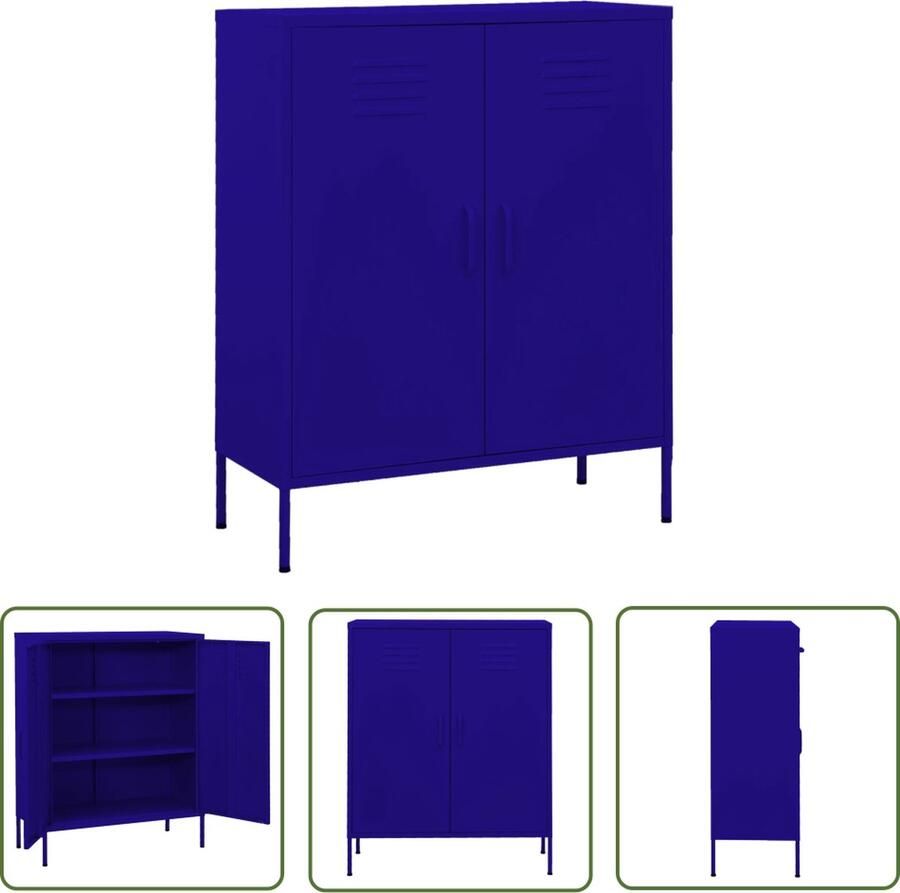 The Living Store Opbergkast Zijkast 80 x 35 x 101.5 cm Marineblauw Staal Opslagruimte Sidekast Metalen Kast Blauwe Kast Opbergkast - Foto 2