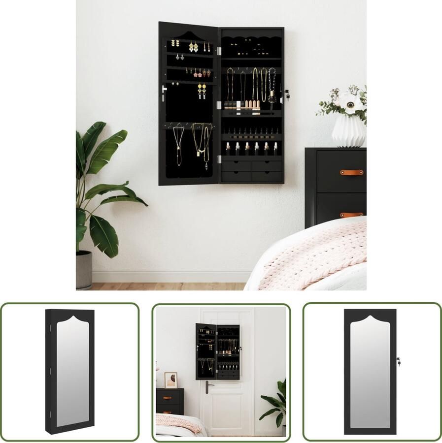 The Living Store Sieradenkast met Spiegel 37.5 x 10 x 90 cm Duurzaam Hout 4 Lades en Haakjes Zwart Sieraden Kast Sieraad Organizer Juwelendoos Spiegeltje Zwarte Sierenkast
