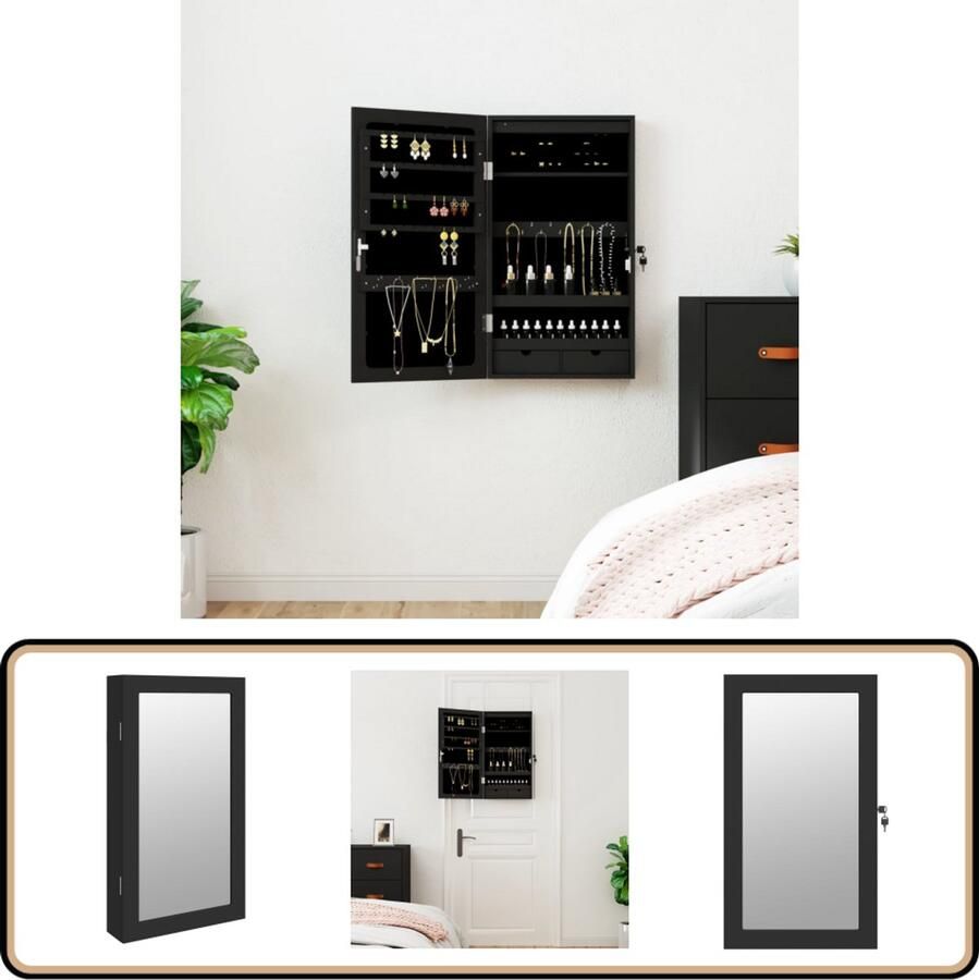 VidaXL Sieradenkast met Spiegel en LED Zwart Sieraden Kast Sieradenschrank Juwelen Organizer Led Verlichting Houten Sieradenkast Zwarte Sieradenkast Compact Sieradenkast Wandmontage