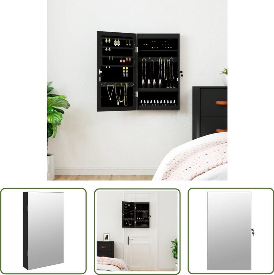 VidaXL Sieradenkast met spiegel en LED zwart Sieradenkast Juwelenkast Led Verlichting Spiegels Opslagkasten Badkameraccessoires Kledingkast