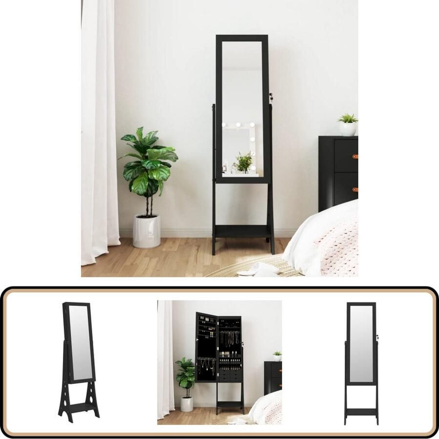 VidaXL Sieradenkast met spiegel en LED Zwart Sieradenkast Juwelenkist Led Verlichting Spiegels Opbergkasten Houten Meubel Decoratief Item Cadeau Idee