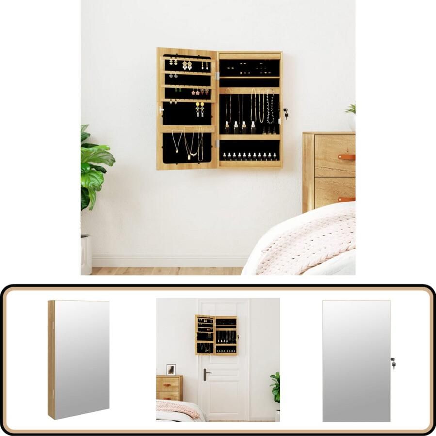 VidaXL Sieradenkast met spiegel LED Wandmontage Sieraden Kast Sieraadenschrank Juwelenkoffer Led Verlichting Houten Sieradenkast