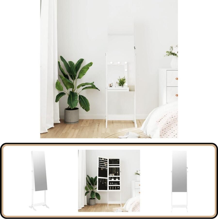 VidaXL Sieradenkast met spiegel Wit 42x38x152 cm Sieraden Kast Juwelenkast Spiegelsjuflade Make Up Organizer Beauty Storage