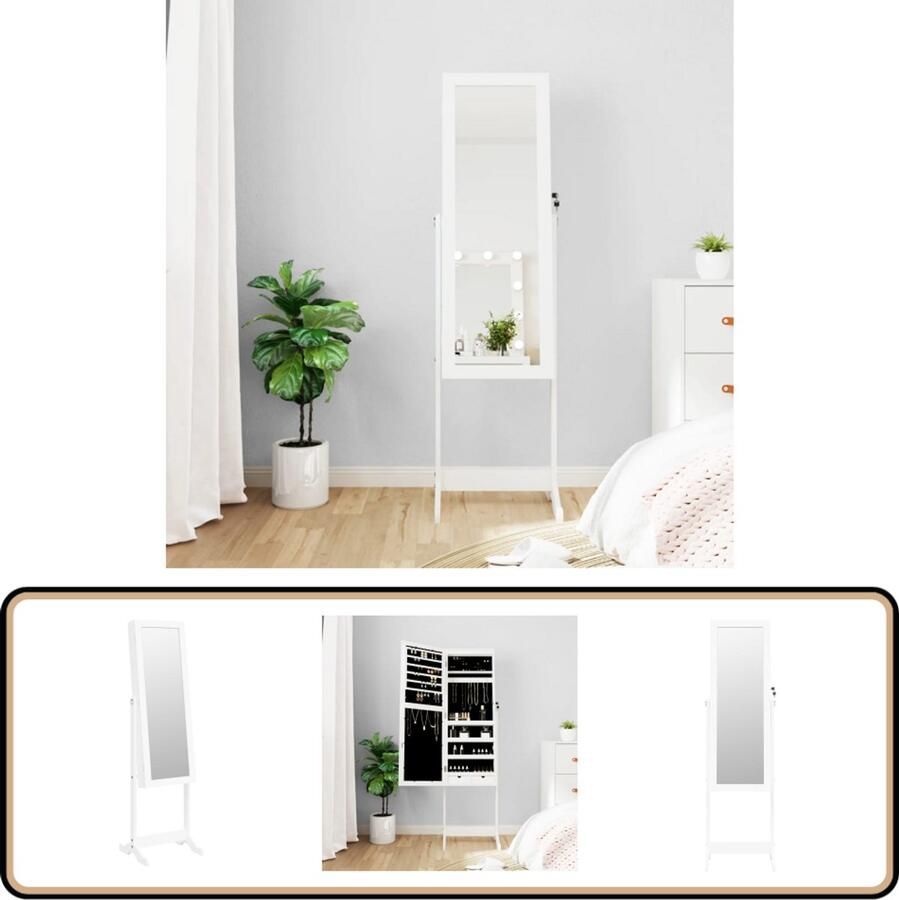 VidaXL Sieradenkast Spiegel LED Vrijstaand Wit Sieraden Kast LED Verlichting Houten Sierenkast Make Up Organizer Juwelen Organisatie Vintage Sieradenschrank Witte Sieradenkast