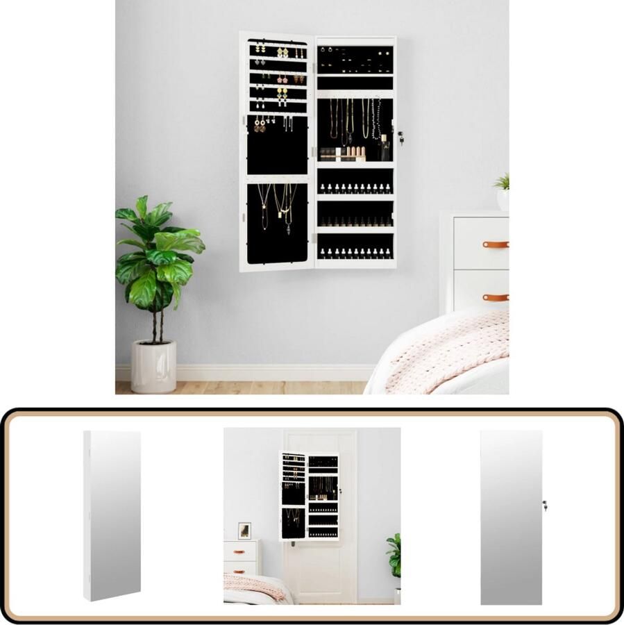 VidaXL Sieradenkast Spiegel LED Wit Wandmontage Sieraden Kast LED Verlichting Juwelen Organizer Sieradenschrank Makeup Mirror Decoratief Item Houten Sieradenkast