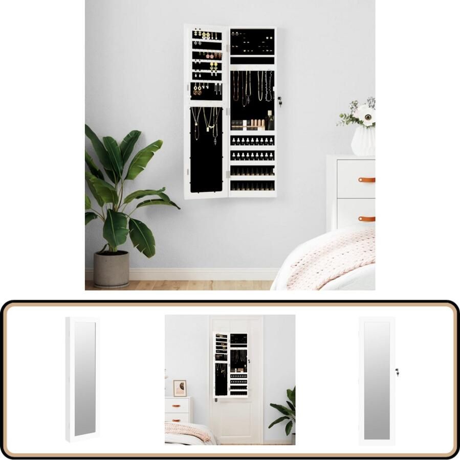 VidaXL Sieradenkast Wandgemonteerd Wit 30x8 5x106 cm Sieraden Kast Sieradenschrank Juwelendoos Spiegelscherm Make Up Organizer