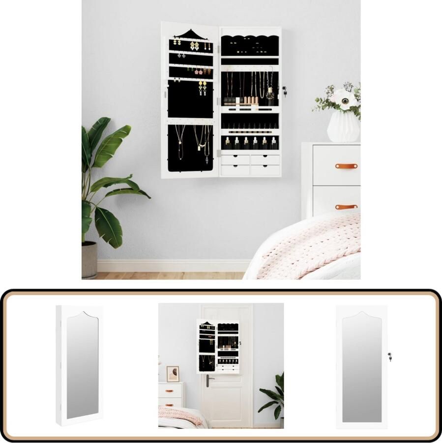 VidaXL Sieradenkast Wandgemonteerd Wit 37 5x90 cm Sieraden Kast Sieraden Organizer Sieraden Opberger Spiegels Badkamer Accessoires