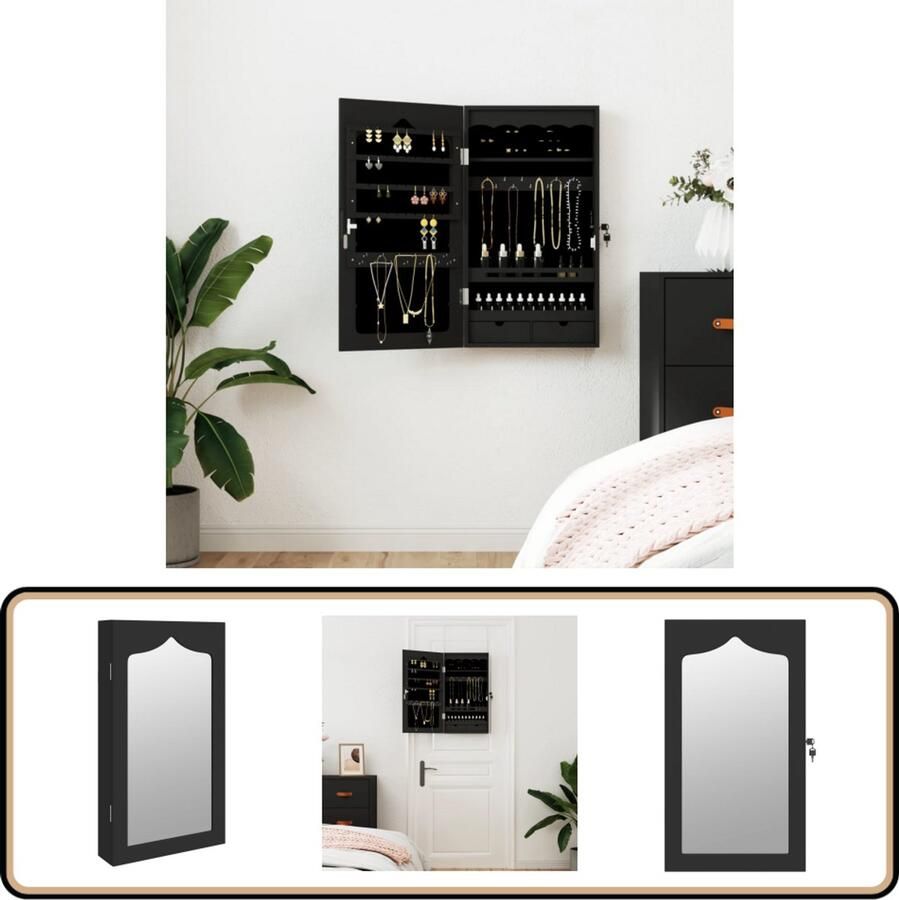VidaXL Sieradenkast Wandgemonteerd Zwart 67 cm Sieraden Kast Sieradenschrank Juweel Organizer Juwelendoosje Spiegelscherm