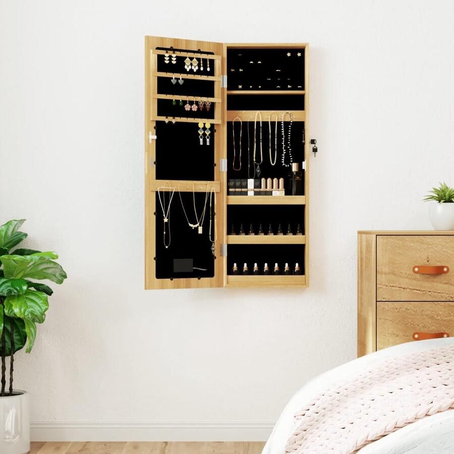 VidaXL Sieradenkast Wandmodel Met Spiegel en LED Sieraden Kast LED Verlichting Juwelen Organizer Houten Sierenkast Makeup Mirror Armband Kasten Oorbellen Doosje Ring Bewaarder Sieraad Organisatie - Foto 2