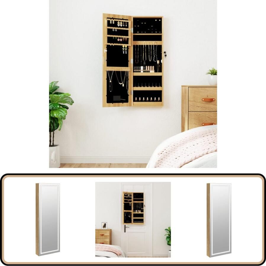 VidaXL Sieradenkast Wandmodel Met Spiegel en LED Sieraden Kast LED Verlichting Juwelen Organizer Houten Sierenkast Makeup Mirror Armband Kasten Oorbellen Doosje Ring Bewaarder Sieraad Organisatie