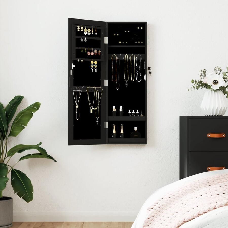 VidaXL Sieradenkast Wandmodel Met Spiegel Zwart Sieraden Kast Sieradenschrank Juwelendoos Spiegelscherm Make Up Organizer Parfum Organisatie Opslag Oplossing - Foto 2