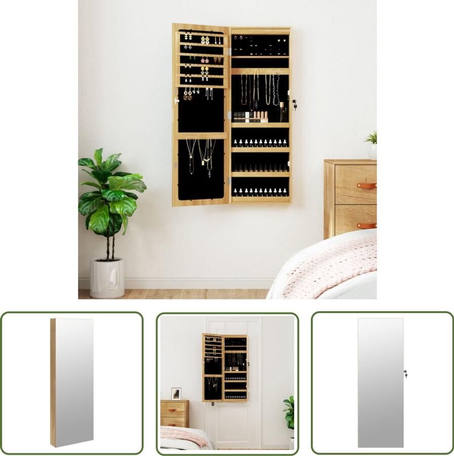 VidaXL Sieradenkast Wandmontage LED & Spiegel Sieraden Kast LED Verlichting Houten Sierenkast Sieradenschrank Juwelenkoffer Parfum Organizer